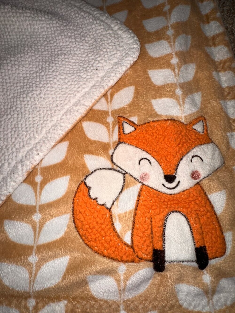 Carters Tan Light Brown White Orange Fox Leaves Velour Sherpa Baby Blanket
